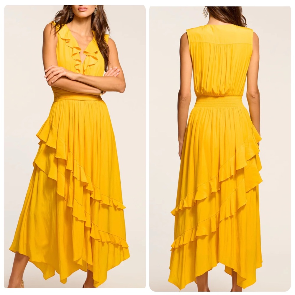 NWT Ramy Brook Hadlee Dress Yuzu Yellow Midi Size M Tiered Ruffle